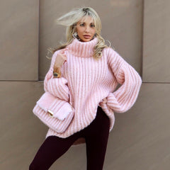 Women's fashion new fluffy long sleeve pullover oversized knit turtleneck sweater