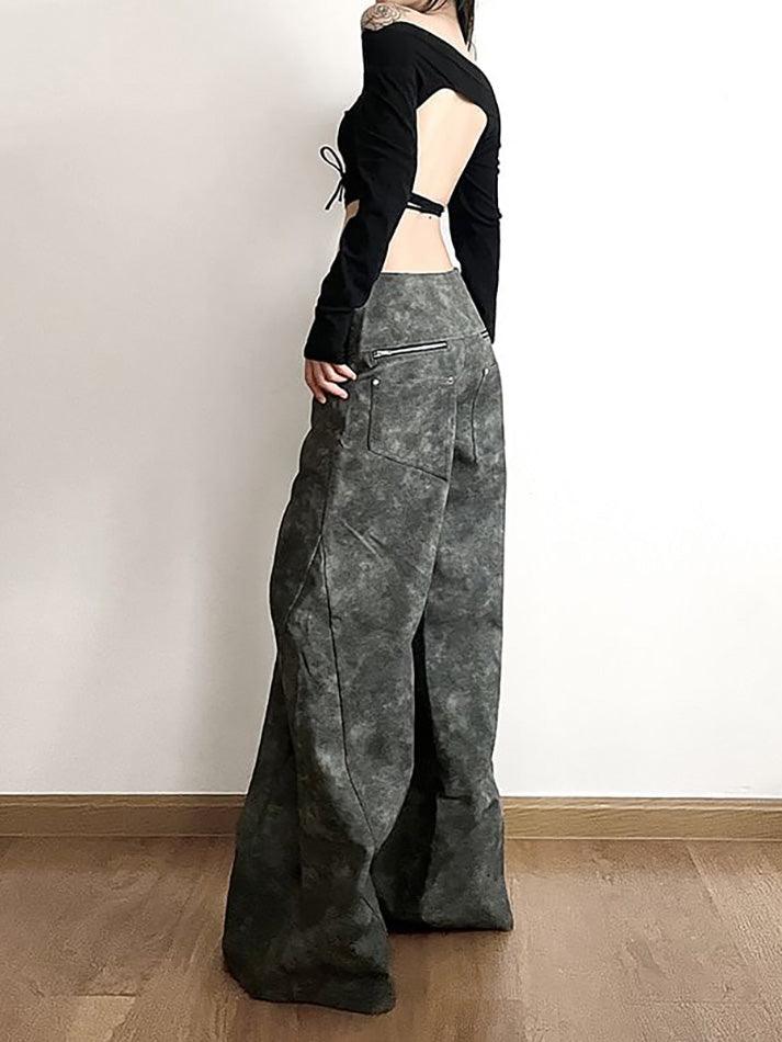 Low Waist Tie Dye Panel Faux Leather Wide Leg Pants