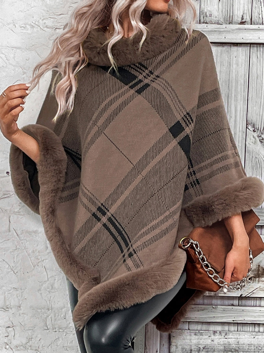 Plaid Faux Fur Trim Fashion Poncho Sweater