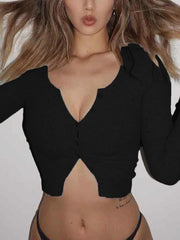 Solid Color Breasted Crop Long Sleeve Shirt - HouseofHalley