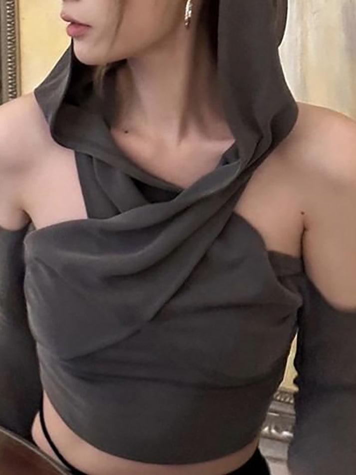 Long Sleeve Cold-Shoulder Hooded Plain Crop Top - HouseofHalley