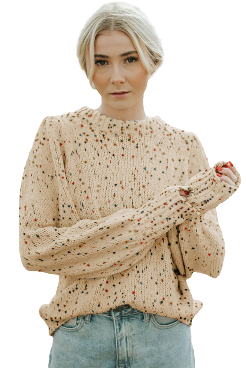 Light French Beige Colorful Dots Cable Knit Crew Neck Long Sleeve Sweater