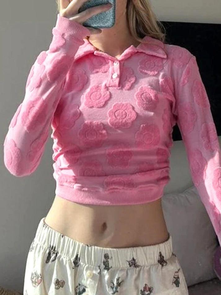 Velvet Floral Print Backless Lacing Crop Long Sleeve Tee - HouseofHalley