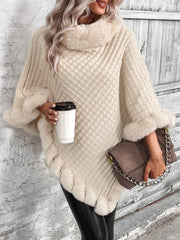 Faux Fur Trim Fashion Poncho Sweater