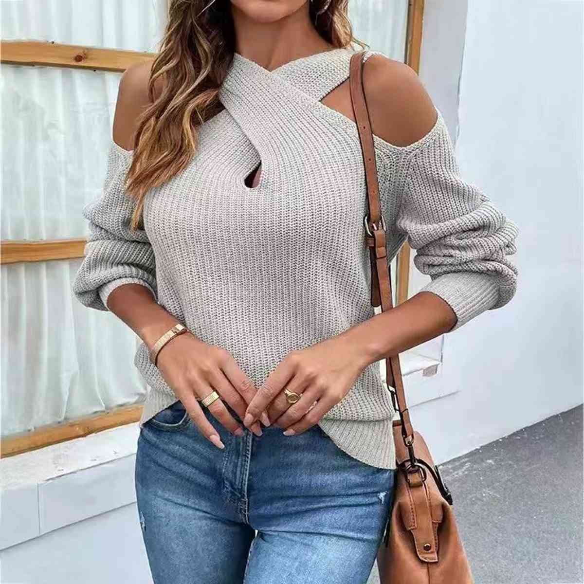 Crisscross Cold-Shoulder Sexy Sweater