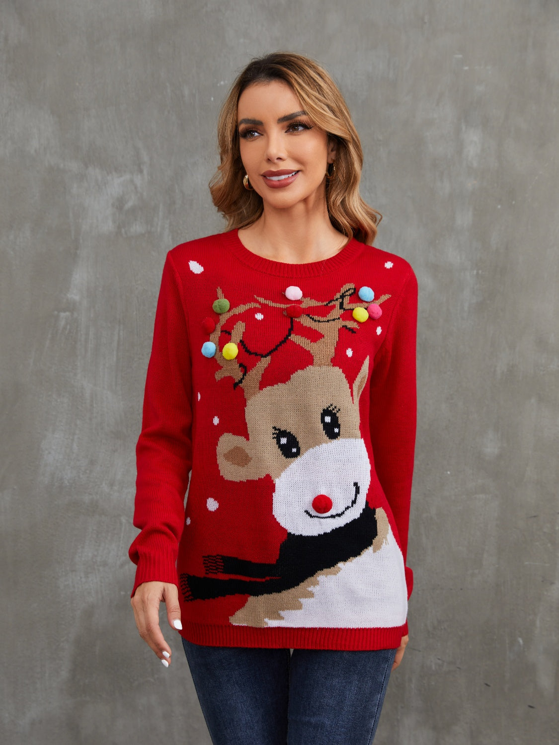 Rudolph Pom-Pom Trim Christmas Sweater