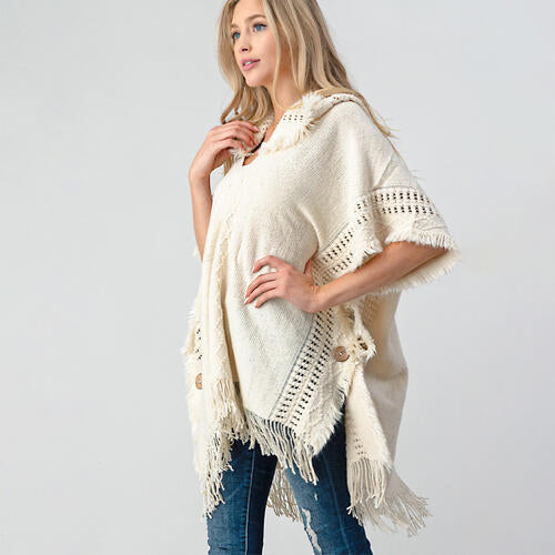 Fringed Crochet Buttoned Hooded Throw Over Poncho