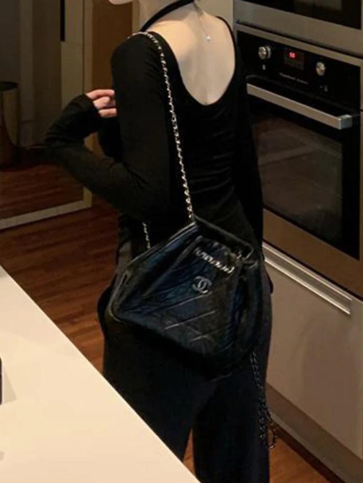 Solid Halter Backless Curvy Hem Long Sleeve Knit - HouseofHalley