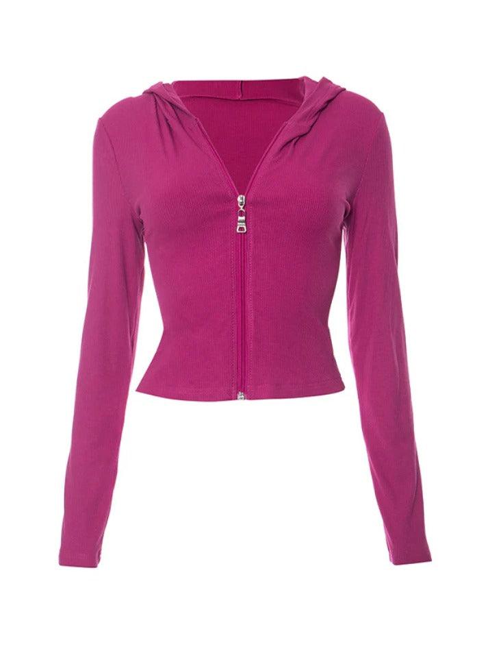 Solid Zip Up Hooded Cropped Long Sleeve Knit - HouseofHalley