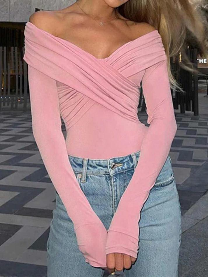 Solid Crossover Pleated Long Sleeve Tee - HouseofHalley