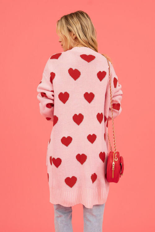 Heart Graphic Open Front Cardigan with Pockets Sweater