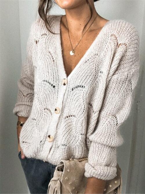 Openwork Button Up Long Sleeve Cardigan