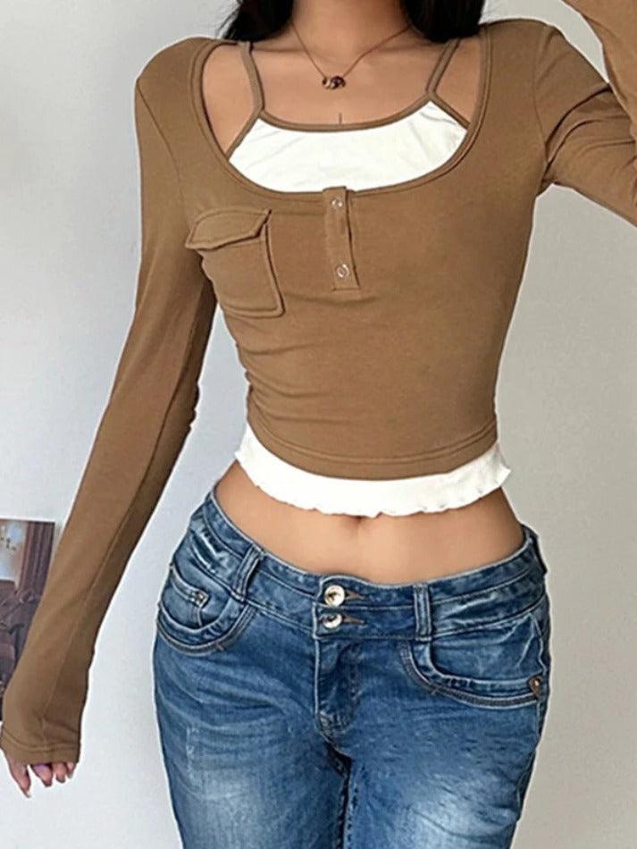 Vintage Contrast Fake Two Piece Cropped Long Sleeve Tee - HouseofHalley