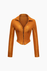 Textured Hook And Eye Collar Long Sleeve Top - HouseofHalley