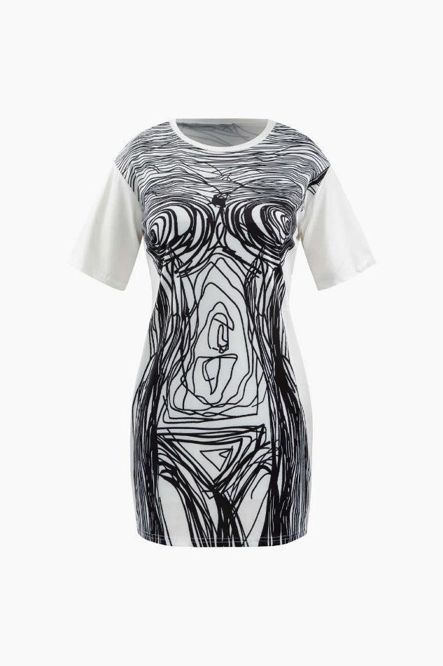 Abstract Line Print Short Sleeve Mini Dress - HouseofHalley