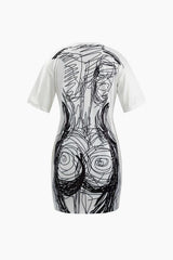 Abstract Line Print Short Sleeve Mini Dress - HouseofHalley