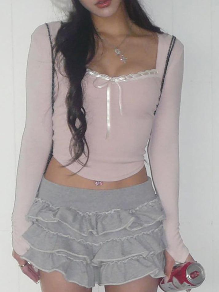 Long Sleeve Square-Neck Lace-Trim Bow Accent Crop Top - HouseofHalley