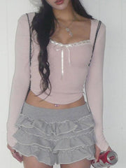 Long Sleeve Square-Neck Lace-Trim Bow Accent Crop Top - HouseofHalley