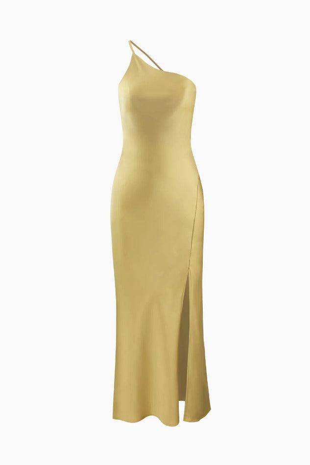 Asymmetric Satin Backless Slit Midi Dress - HouseofHalley