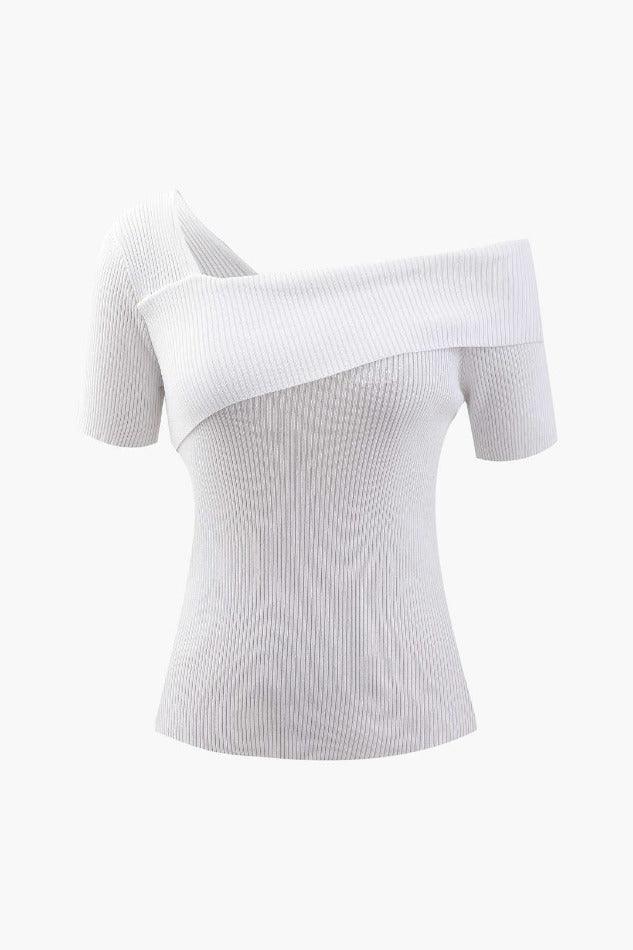 Asymmetric Shoulder Rib Knit Short Sleeve T-Shirt - HouseofHalley