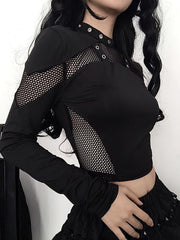 Long Sleeve Mesh Panel Plain Crop Top - HouseofHalley