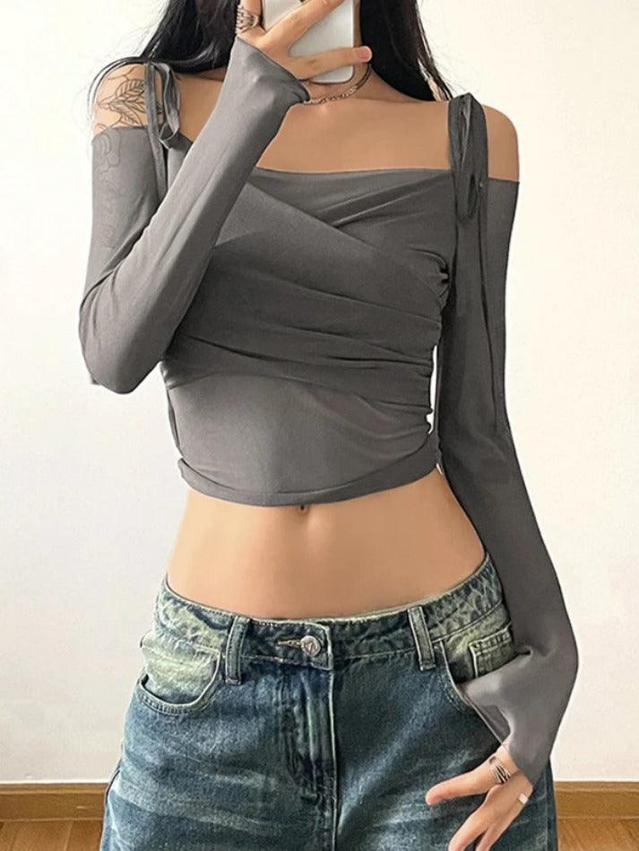 Ruched Lace Up Crop Long Sleeve Tee - HouseofHalley