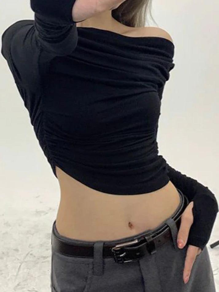 Solid Off Shoulder Asymmetric Design Long Sleeve Tee - HouseofHalley