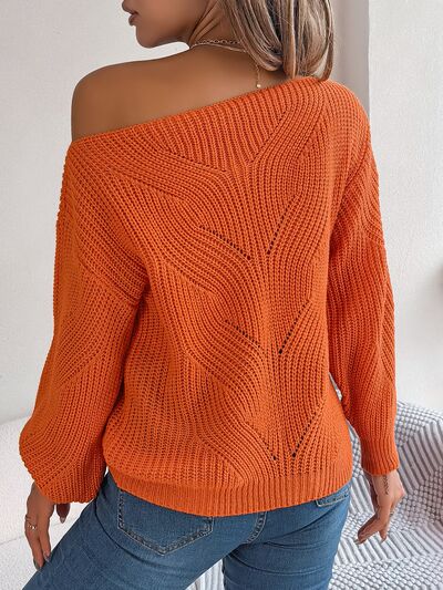 Openwork  Off The Shoulder Long Sleeve Sweater