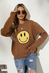 Round Neck Long Sleeve Smily Face Graphic Sweater