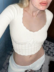 French Solid Pointelle Wavy Trim Lacing Sweater - HouseofHalley