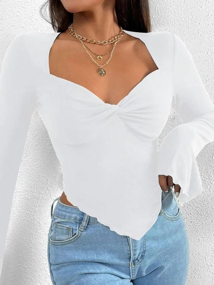 Solid V Neck Ruched Irregular Hem Knit Long Sleeve Tee - HouseofHalley