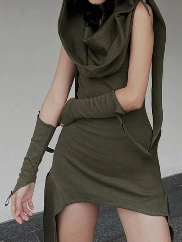 Hooded Stacked Irregular Hem With Sleeve Mini Dress - HouseofHalley