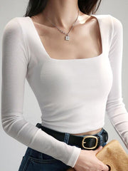 Long-Sleeve Square Neck Plain Cropped T-Shirt - HouseofHalley