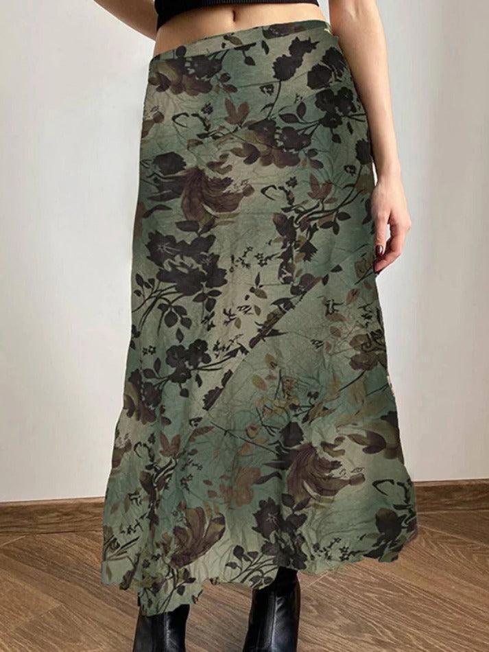 Vintage Flower Print Irregular Splice Midi Skirt - HouseofHalley
