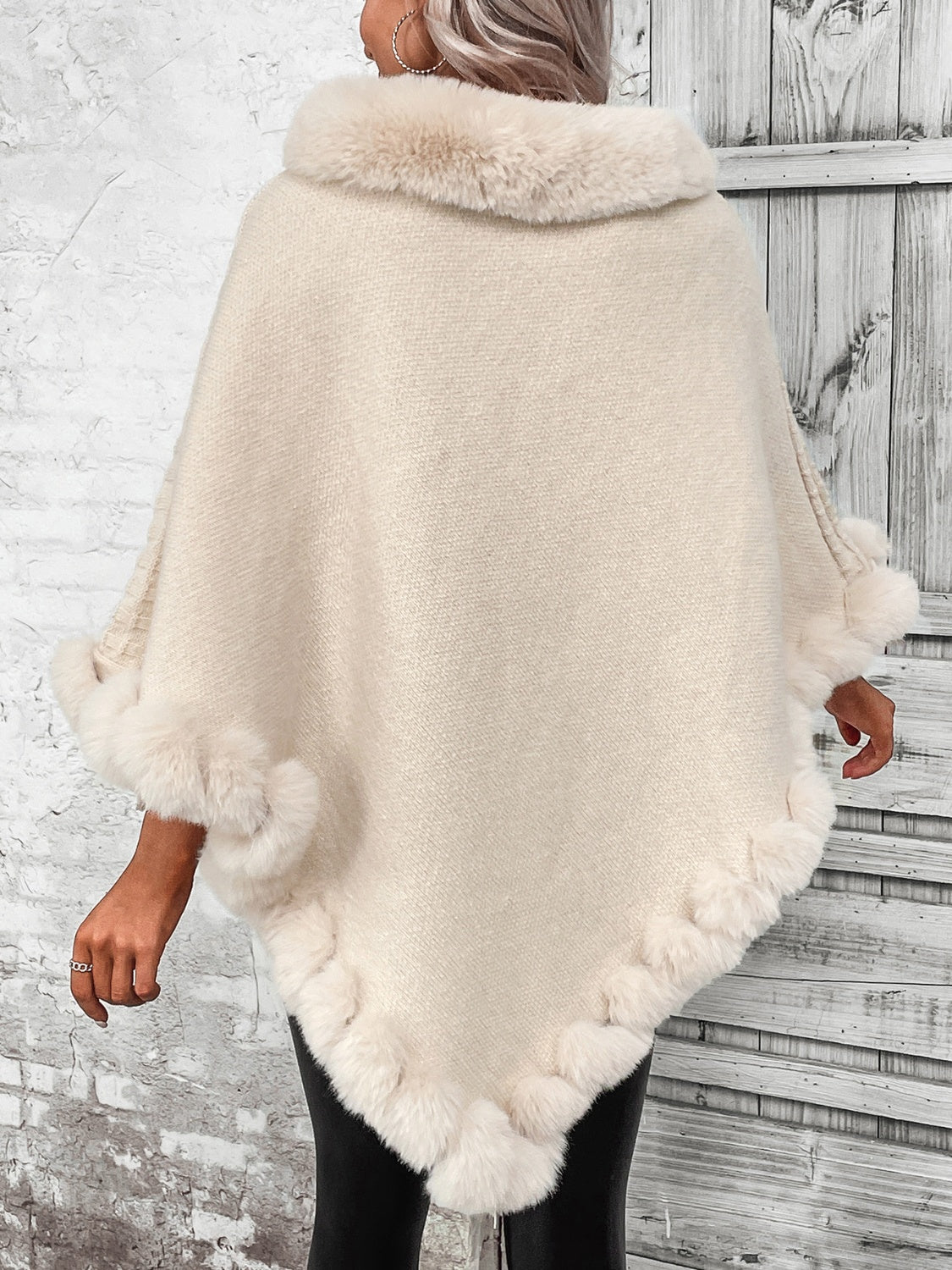 Faux Fur Trim Fashion Poncho Sweater