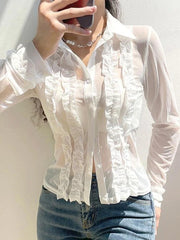 Ruffle Trim Sheer Mesh Long Sleeve Blouse