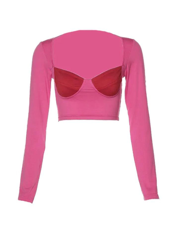 Color Block Splice Square Neck Cropped Long Sleeve Tee - HouseofHalley