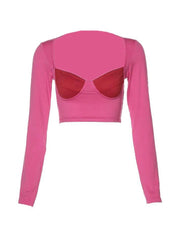 Color Block Splice Square Neck Cropped Long Sleeve Tee - HouseofHalley