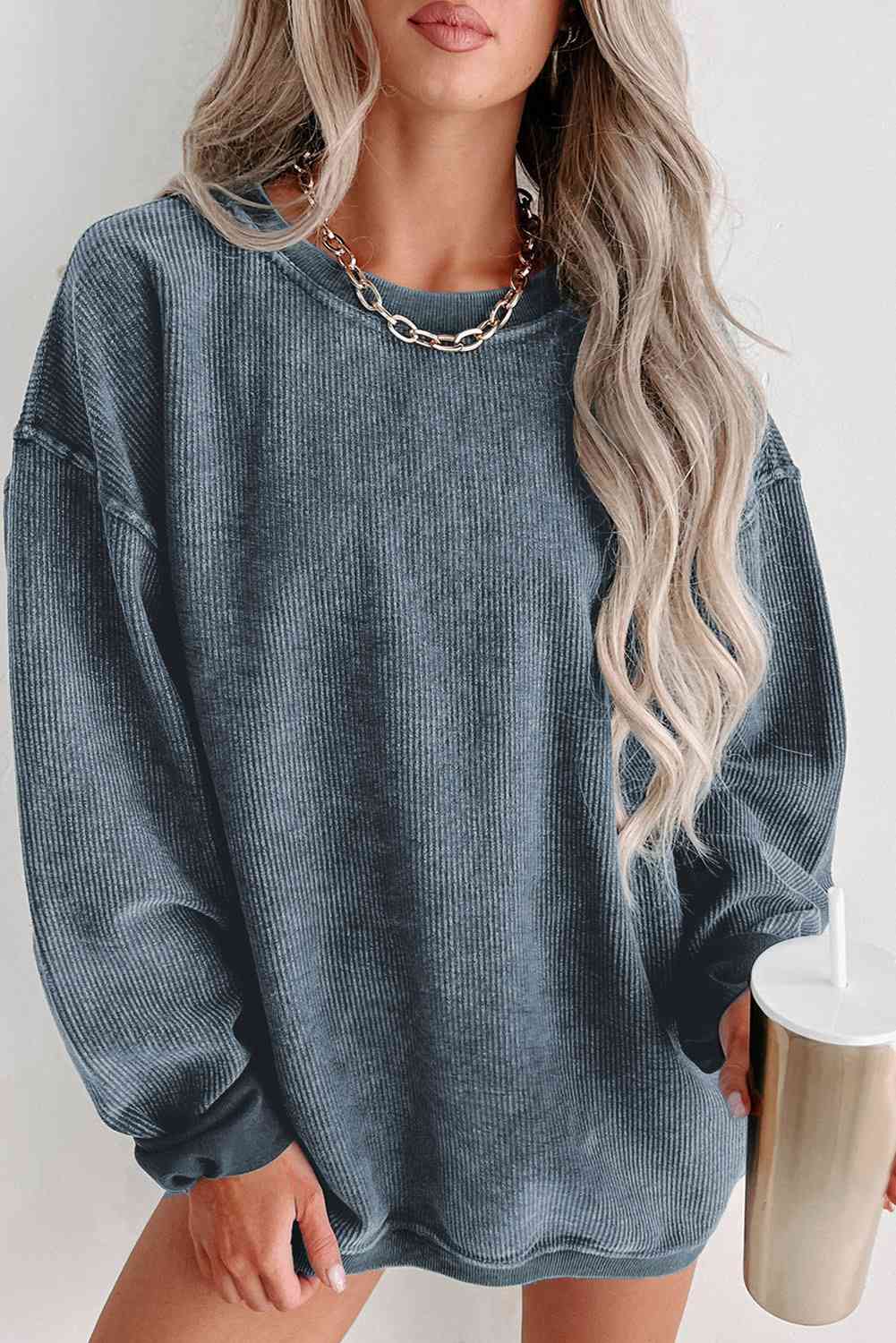 Round Neck Dropped Shoulder Washed Out Casual Sweatshirt