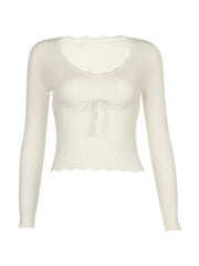 French Solid Pointelle Wavy Trim Lacing Sweater