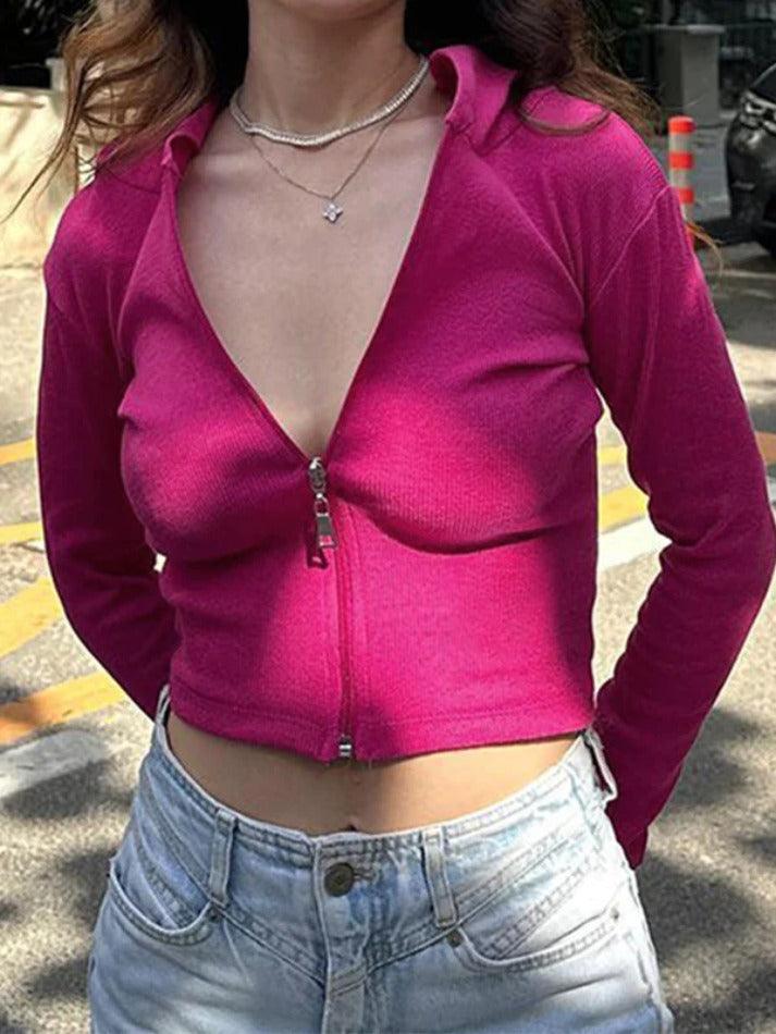 Solid Zip Up Hooded Cropped Long Sleeve Knit - HouseofHalley