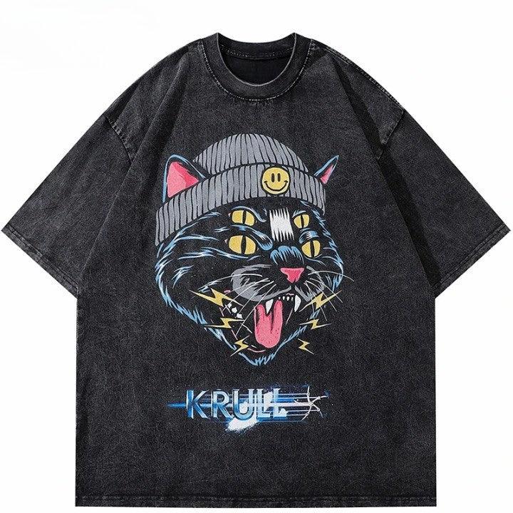 Black Cat Printed Oversized T-Shirt