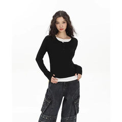 Black Solid Pullover With Fake Undershirt