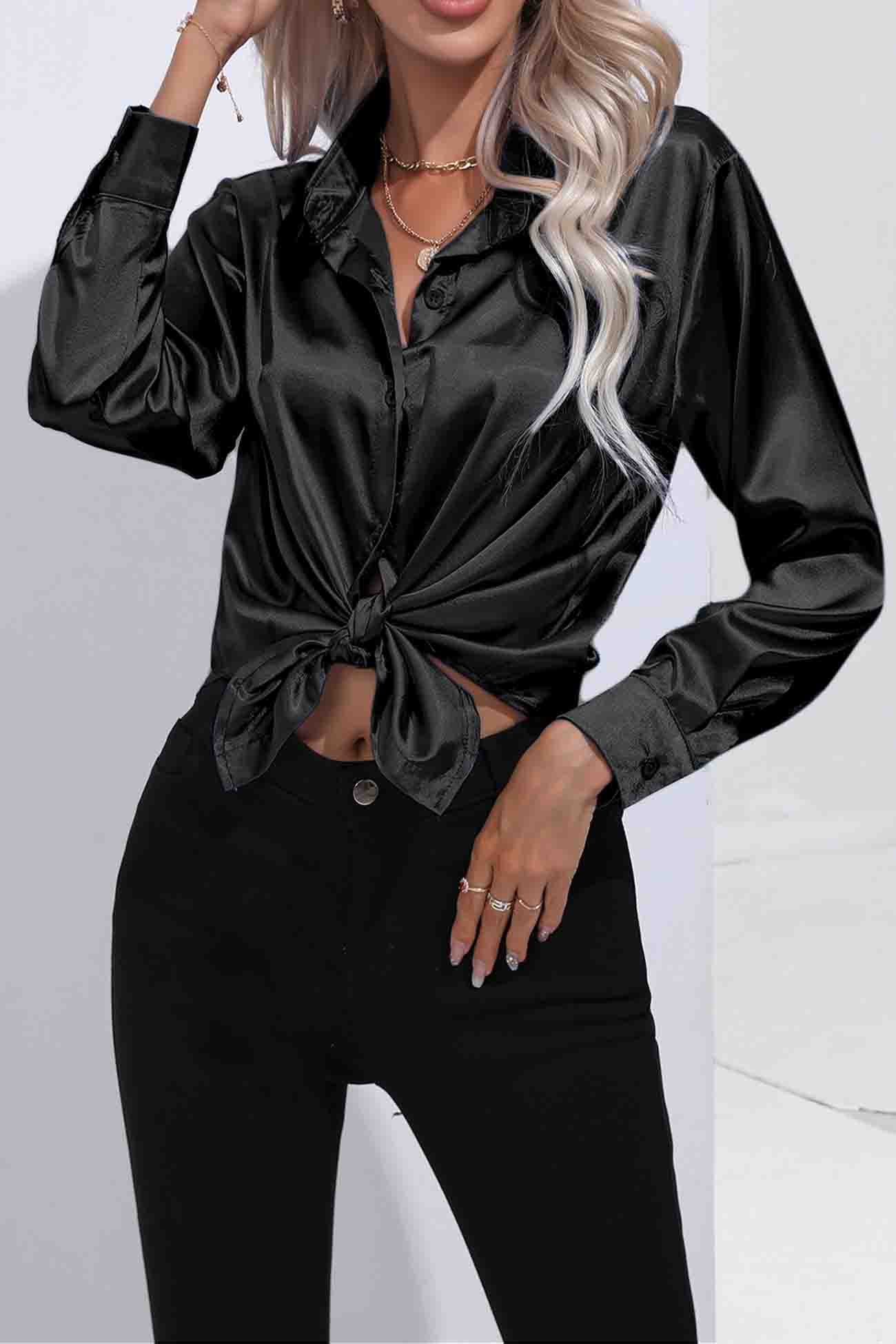 Lapel Satin Button Up Blouse