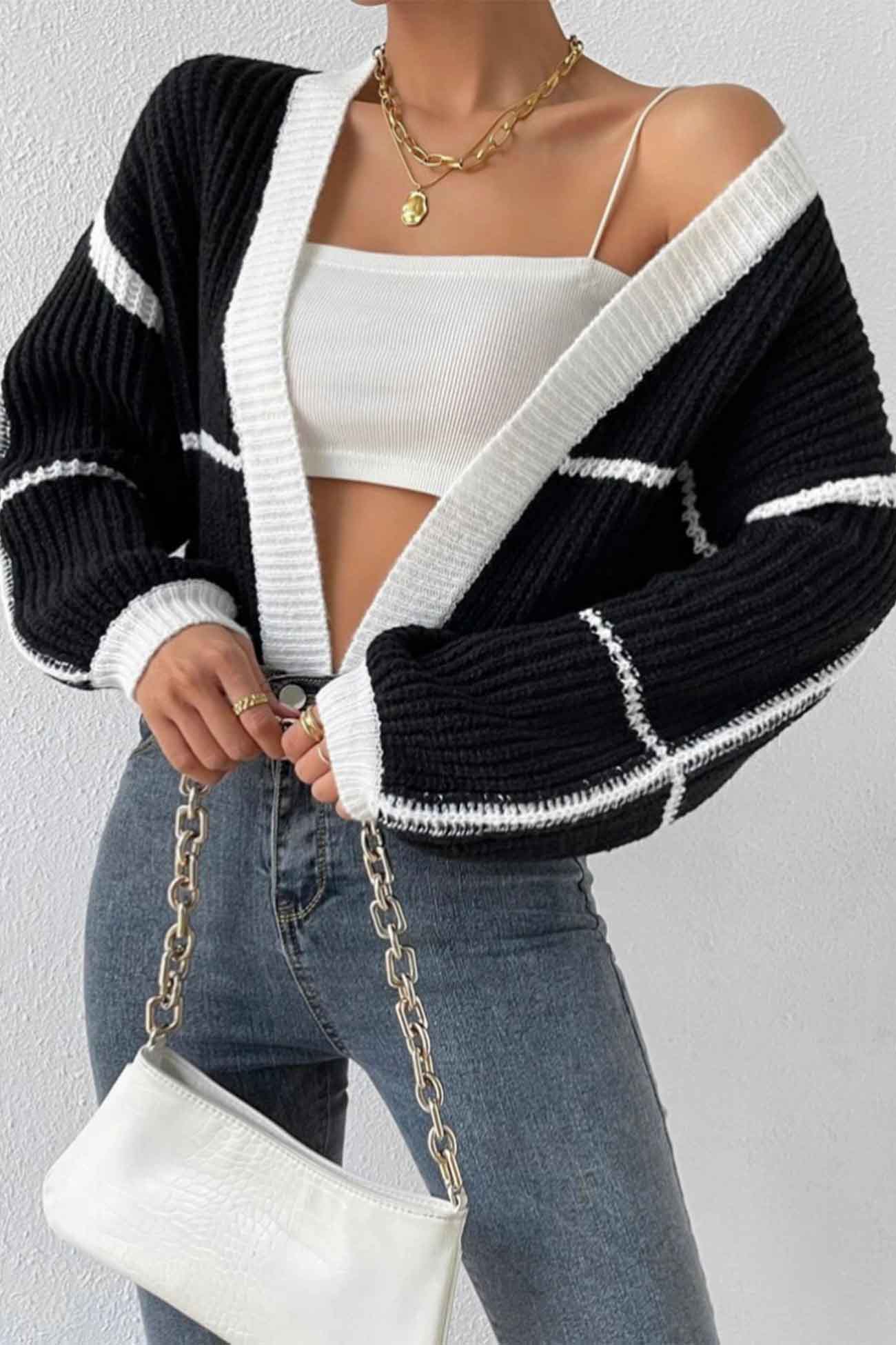 Long Sleeve Open-Front Patchwork Knit Cardigan