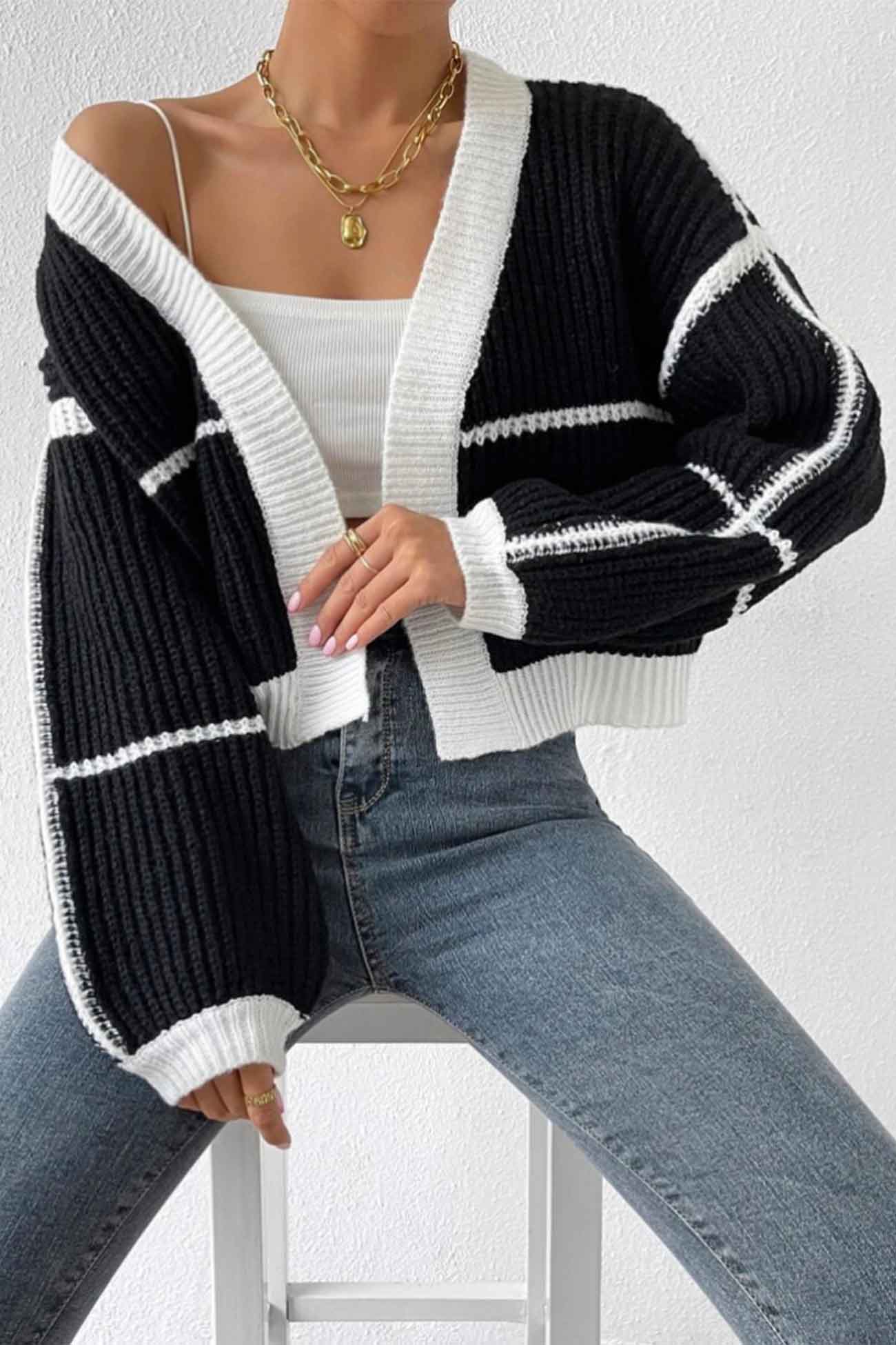 Long Sleeve Open-Front Patchwork Knit Cardigan