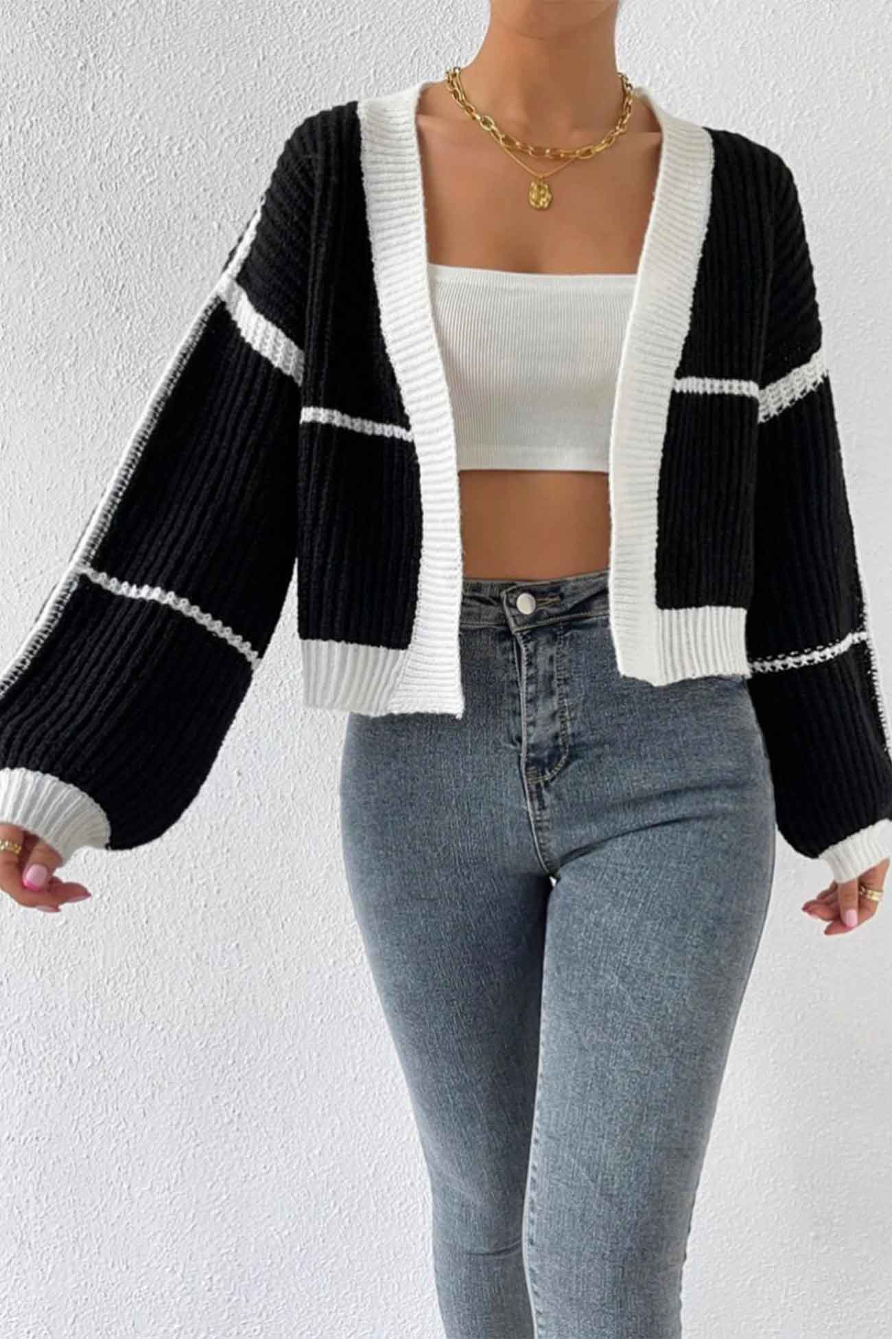 Long Sleeve Open-Front Patchwork Knit Cardigan