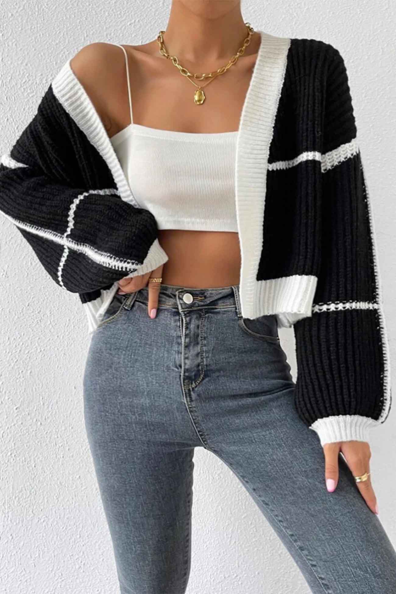 Long Sleeve Open-Front Patchwork Knit Cardigan