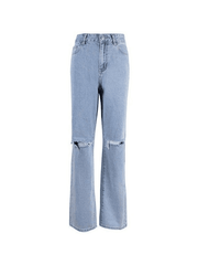 Blue Wash Straight Leg Knee Ripped Jeans - HouseofHalley