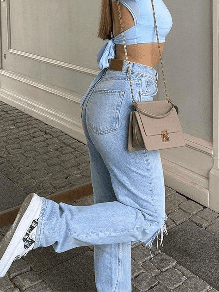 Blue Wash Straight Leg Knee Ripped Jeans